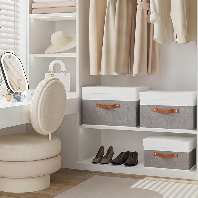 Fabric Storage Boxes with Lids, Linen Foldable Cloth Baskets, 17.7 x 11.8 x 11.8 Inch Closet Organizer Containers with Double Handles, Sweater Bins for Bedroom, White and Grey, 1 Pack