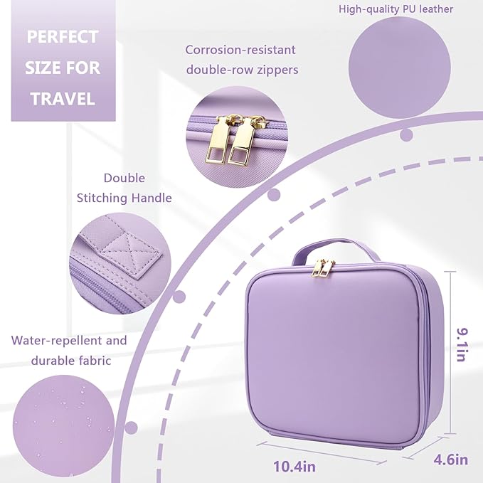 Travel Makeup Bag for Makeup Artists Large Makeup Case,with Mirror 3 Color Setting and Detachable 10x Magnifying Mirror Travel Makeup Bag,Portable Storage and Adjustable Dividers（Purple）