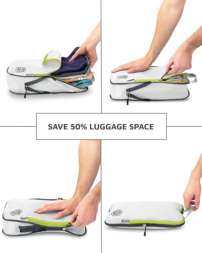 Large Compression Packing Cubes for Travel-Packing Cube Luggage Organizers 7 Piece Set for Checked Luggage-Ultralight, Expandable/Compression Bags by TRIPPED Travel Gear (White/Green)