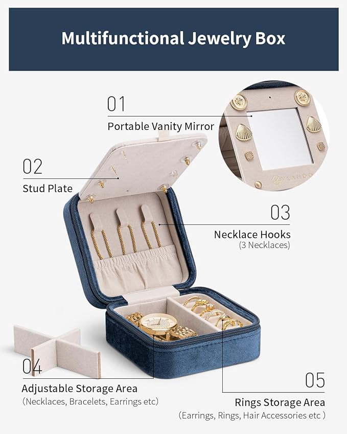 Vlando W Initial Jewelry Box, Women Travel Gifts - Dark Blue