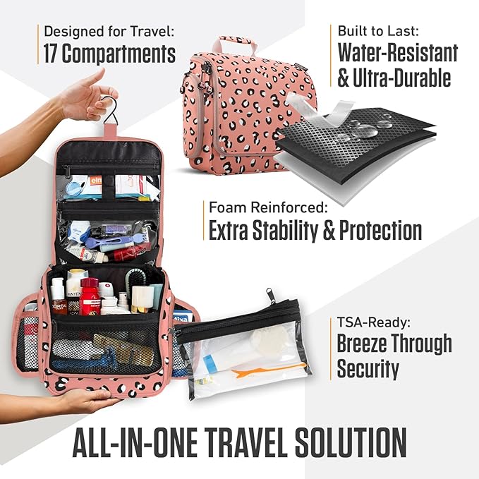 VENTURE 4TH Hanging Travel Toiletry Bag for Women & Men - Travel Organizer with Expandable Compartments & Removable Clear Pouch for Toiletries (Pink Cheetah)