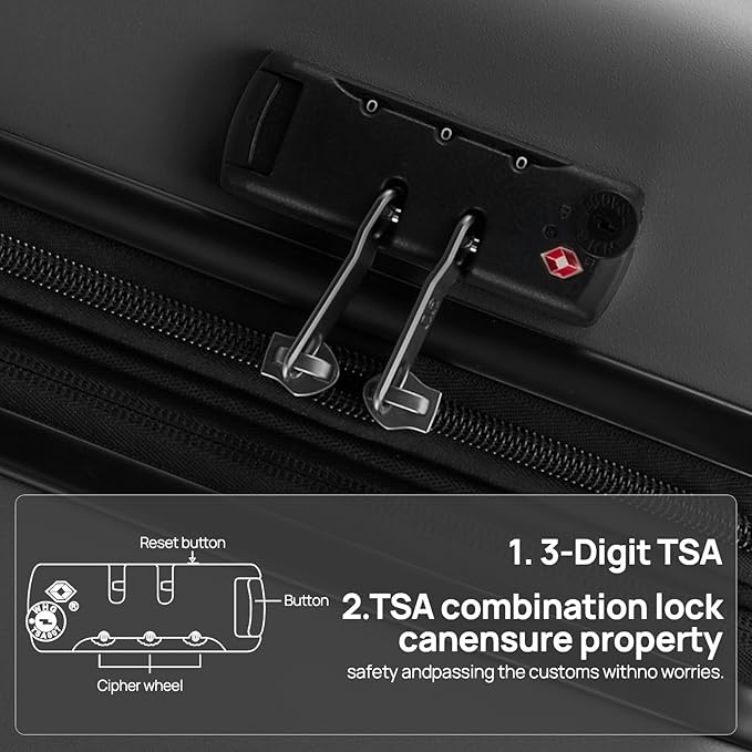 Carry on Luggage 22 X 14 X 9 Airline Approved, 20 Inch Luggage for 3-5 Days Travel, Double Spinner Wheels, 100% Hardshell PC, TSA Lock (09-Black, Checked 24-Inch)