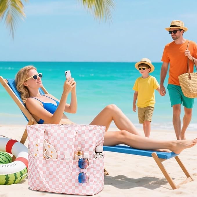 LEDAOU Large Beach Tote Bag Women Waterproof Sandproof Zipper Beach Tote Bag for Pool Gym Grocery Travel with Wet Pocket