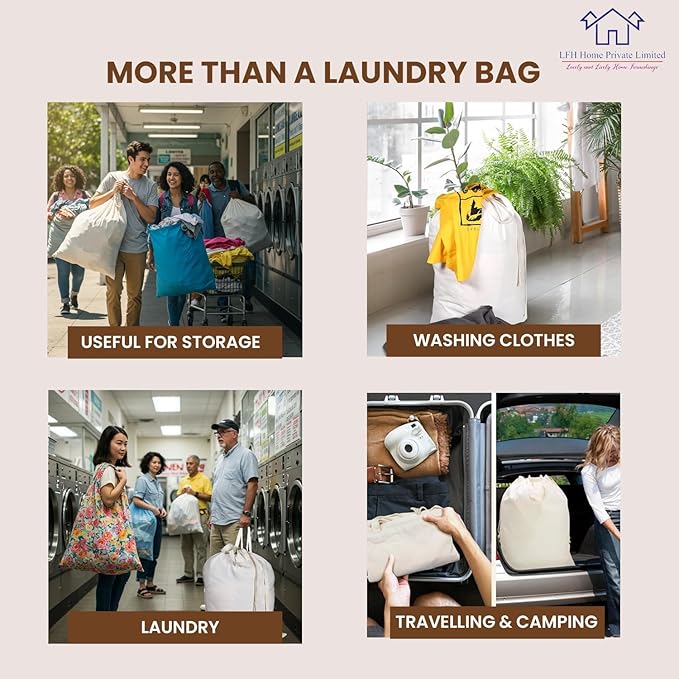 LFH Home Cotton Canvas Large Laundry Bag with Handle, Heavy Duty Drawstring Closure Washable Laundry Bags, School Travel, Home, Hotel, College Dorm, Organizer Sack, Toy Clothes 20x30 (Pack of 2)-White