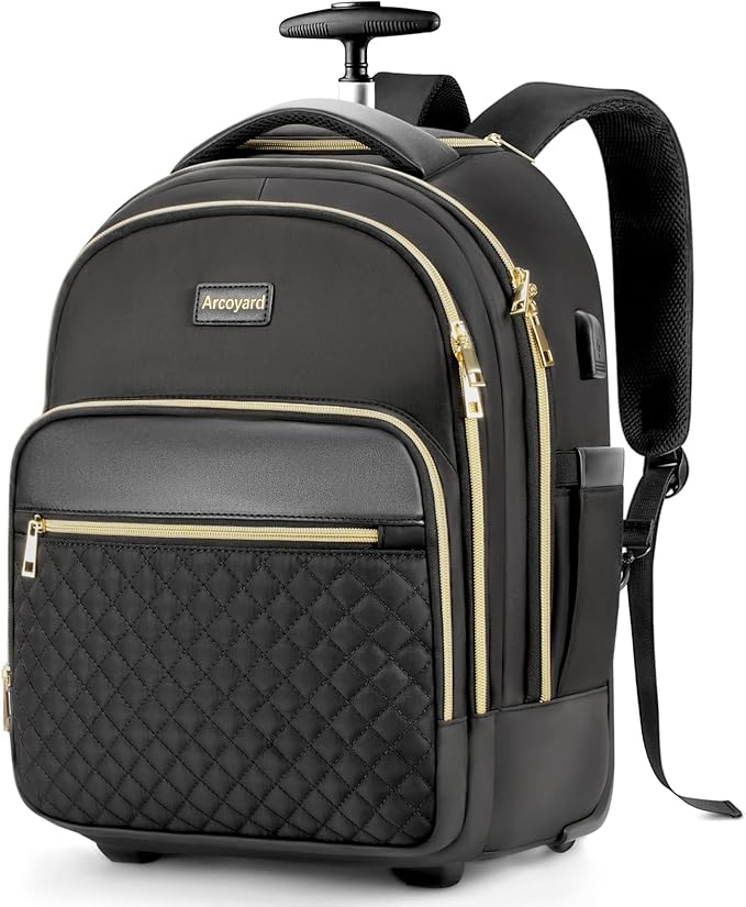Small Rolling Backpack for Women, Lightweight Travel Backpack with Wheels, Roller Backpack for Adults, Water Resistant Rolling Laptop Bag, Wheeled Underseat Carry On Luggage, Black Gold