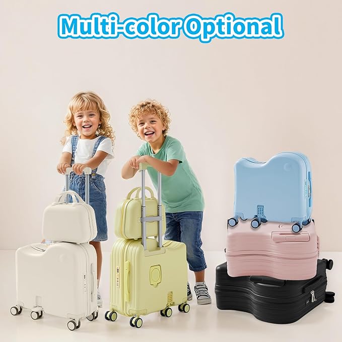 TABU Ride-on Luggage with Handbag for Kids，Hardshell Carry On Suitcase with Hidden Cup Holder, Foldable Pedal,Type-C & USB Interface, TSA Lock, 6-Spinner Wheels, Blue