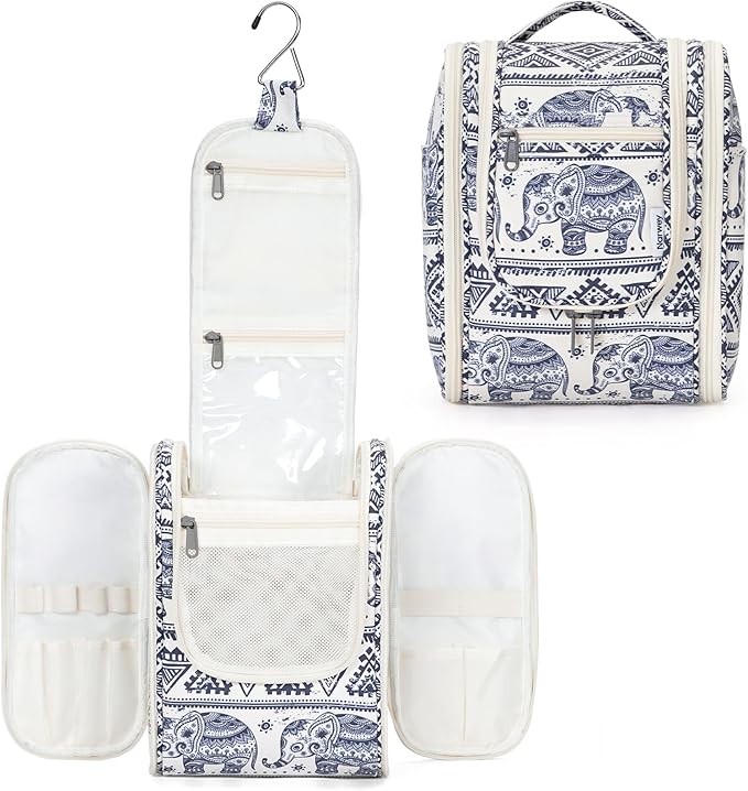Narwey Small Hanging Toiletry Bag Women Travel Makeup Bag Organizer Toiletries Bag for Travel Size Essentials Accessories Cosmetics (Medium, Elephant)