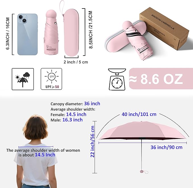 BAODINI Travel Mini Umbrella for Purse With Case Small Compact UV Sun Protection Sun Lightweight Tiny Pocket Umbrella for Women Kids and Men