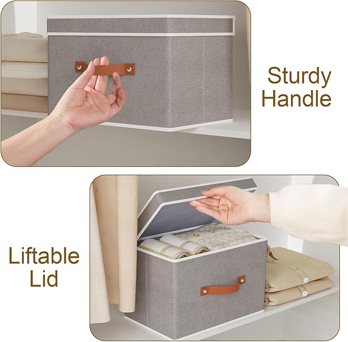 Collapsible Storage Bins with Lids, Linen Foldable Cloth Baskets, 17.7 x 11.8 x 11.8 Inch Closet Organizer Containers with Double Handles, Sweater Boxes for Bedroom, Grey, 3 Pack