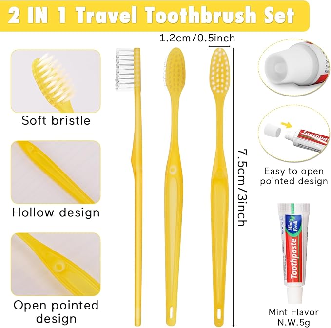 HOFASON Disposable Toothbrushes with Toothpaste Pack of 100, Yellow Hollow Travel Toothbrush Set with 5g Toothpaste Individually Wrapped Toothpaste Bulk for Homeless, Nursing Home, Shelter, Hotel