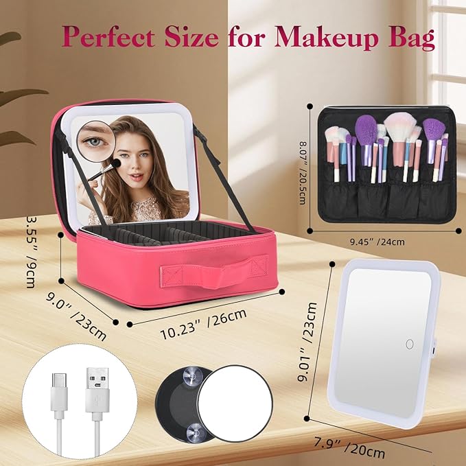 Travel Makeup Bag With LED Mirror,Cosmetic Train Case with 3 Color Setting,Cosmetic Makeup Organizer Bag with Adjustable Dividers,Portable Make up Box with Make up Brushes Holder Storage(Rose)