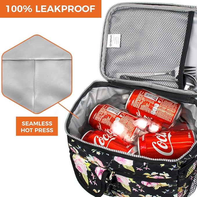 opux Lunch Bag Women Insulated, Adult Lunch Box Cooler, Flower Lunch Box, Dual Compartment Lunchbox for Work, Leakproof Double Decker Lunch Bag, Soft Lunch Pail Tote Girls Kids School, Floral Black