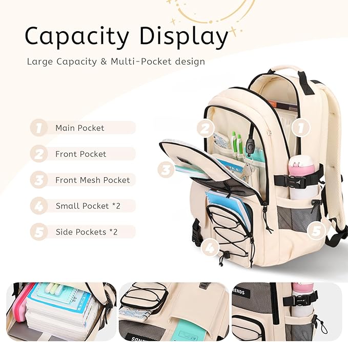 Lohol Multi-Pocket Backpack with 15.6 inch Laptop Compartment, Water Resistant Bookbag for School College and Travel (Beige)