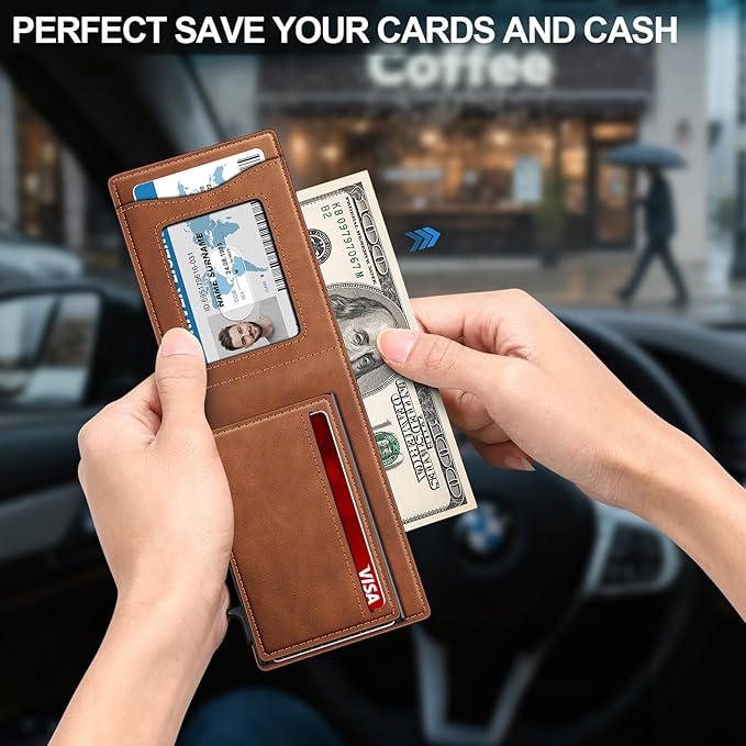 Wallet for Men Wallet with Slim Pop Up Card Holder for 12-14 Cards, RFID Blocking Bifold Minimalist Smart Wallet, Credit Card Holder with ID Window & Cash Slot, Compact Metal Card Case, Gifts for Men