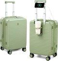 Hard Shell 20 Inch Carry on Luggage Expandable Travel Luggage, TSA Approved Luggage with Cup Holder Charger Built in, Lightweight Small Suitcases with Wheels, Bamboo Green