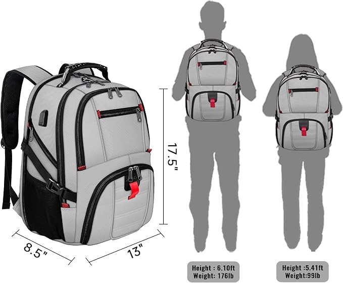 YOREPEK Travel Backpack, Extra Large 50L Laptop Backpacks for Men Women, Water Resistant College Backpack Airline Approved Business Work Bag with USB Charging Port Fits 17 Inch Computers, Light Grey