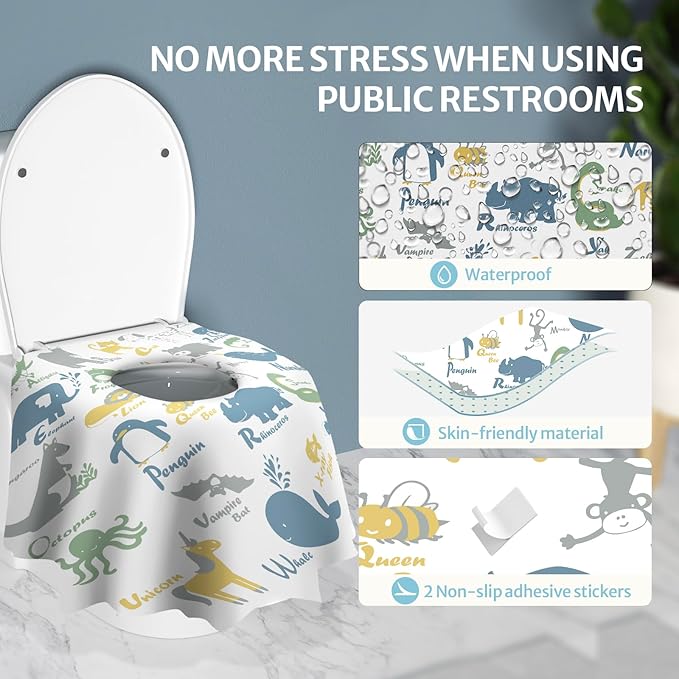 Blissful Diary 30 Pcs Toilet Seat Covers Disposable for Toddlers & Adults, Extra Large Waterproof, Portable Package for Travel, Kids Potty Training