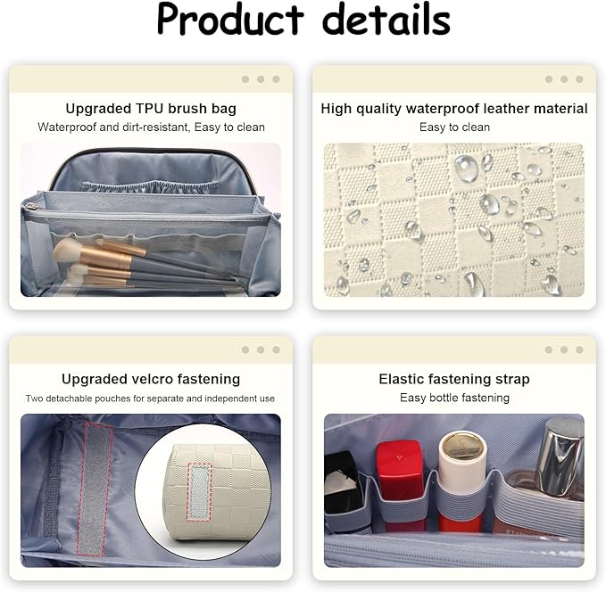 Travel Makeup Bag Organizer Cosmetic Bag: 3 Pcs Set Make up Bags for Women with Handle - Waterproof Vegan Leather Toiletry Bags with Comparments (C-04-Beige)