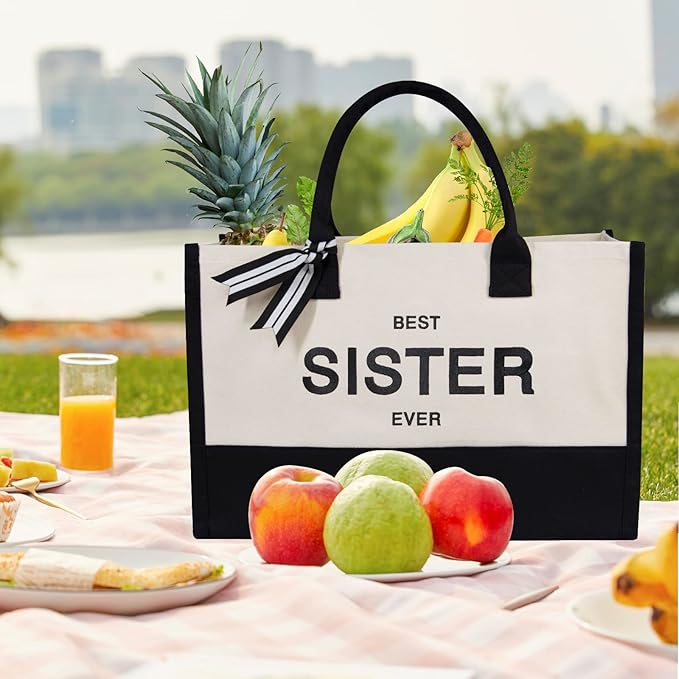 TOPDesign Embroidery Canvas Tote Bag for Women, Birthday Gifts for Big, Little Sister, Soul Sister, Friends Female, Best Friends, Personalized Present Bag, Ideal for Beach, Holiday