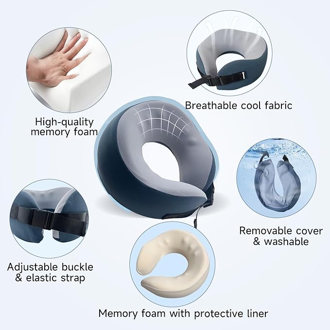 Travel Pillow/Neck Brace, Airplane Pillow with Sleep Mask and Ear Plugs, Breathable Removable Cover & Ergonomic Design - Essentials Travel Neck Pillow for Airplane, Car, Office & Home Use (Blue)
