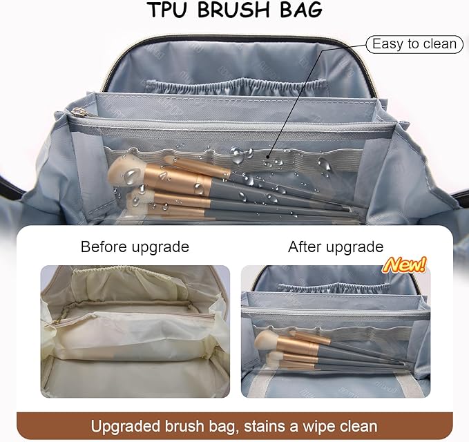 Travel Makeup Bag Organizer Cosmetic Bag: 3 Pcs Set Make up Bags for Women with Handle - Waterproof Vegan Leather Toiletry Bags with Comparments (C-03-Brown)