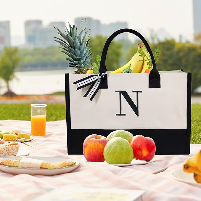 TOPDesign Embroidery Initial Canvas Tote Bag, Personalized Present Bag, Suitable for Wedding, Birthday, Beach, Holiday, is a Great Gift for Women, Mom, Teachers, Friends, Bridesmaids (Letter N)