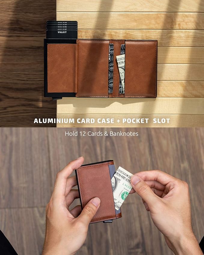 VULKIT Card Holder Pop Up Slim Wallet Leather RFID Blocking Card Case Up to 8 Credit Cards