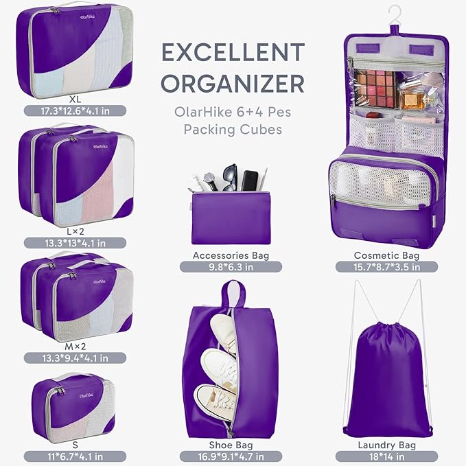 ALL INCLUDED 10 Set Durable Packing Cubes for Suitcases,OlarHike Essentials for Travel, UPGRADED Anti-Tear Stitching, NEW Improved Luggage Packing Organizers for Travel Accessories (Purple)