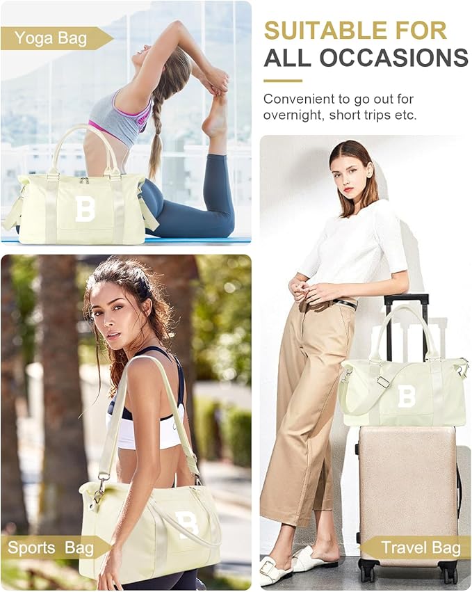 Initial Travel Duffel Bag Sports Gym Bag for Kids Teen Birthday Gifts,Beige Personalized Weekender Bag Carry On Dance Bags for Women Men,Waterproof Monogram Overnight Bag with Trolley Sleeve(Letter B)