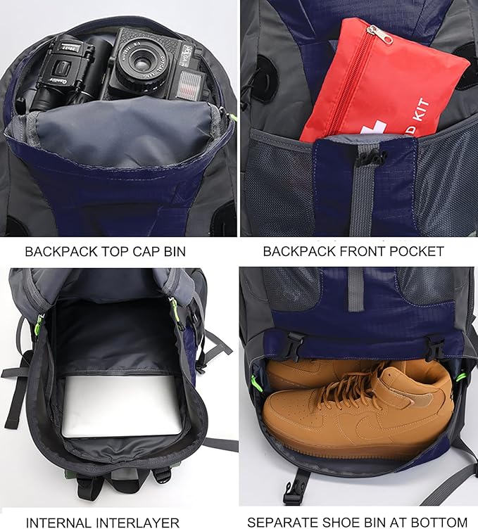 Bseash 50L Hiking Backpack, Water Resistant Lightweight Outdoor Sport Daypack Travel Bag for Camping Climbing Skiing Cycling (Dark Purple - With Shoe Compartment)