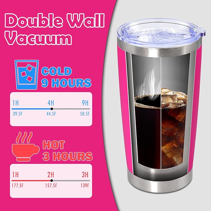 20oz Tumbler Bulk Stainless Steel Tumbler Cup with Lid Vacuum Insulated Double Wall Travel Mug, Durable Powder Coated Travel Coffee Tumbler Mug for Hot & Cold Drinks, Hot Pink,8 Pack