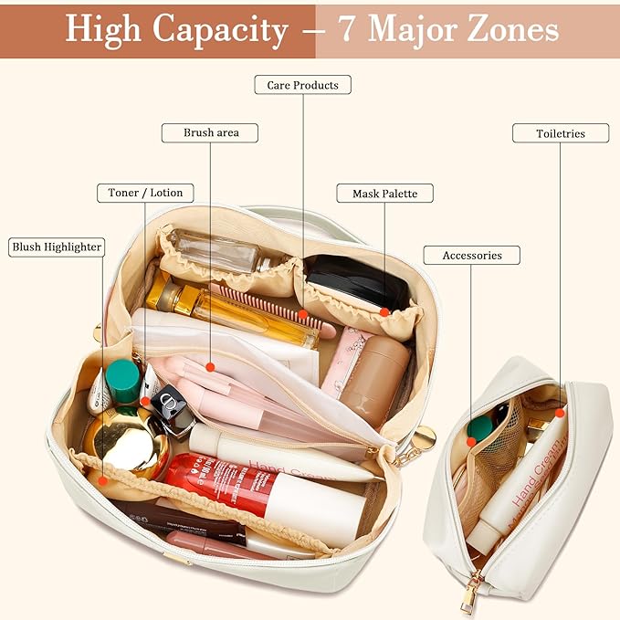 Birthday Gifts for Women Teen Girl, Personalized Initial Makeup Organizer Bag Set, Open Flat Travel Cosmetic Bag With Clear Divider and Handle(Beige,B)