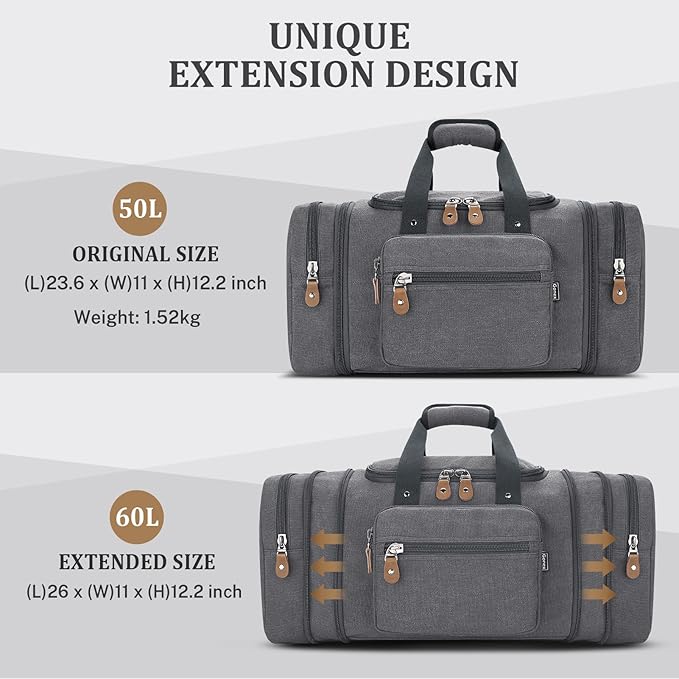 Gonex Canvas Duffle Bag for Travel, 60L Duffel Overnight Weekend Bag (Gray)