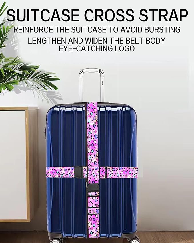 Luggage Straps for Suitcases, Adjustable Travel Belt, Durable Wide Luggage Strap, Cute Suitcase Strap Identifiers with Buckle, Bag Straps for Luggage, Cute Purple Leopard