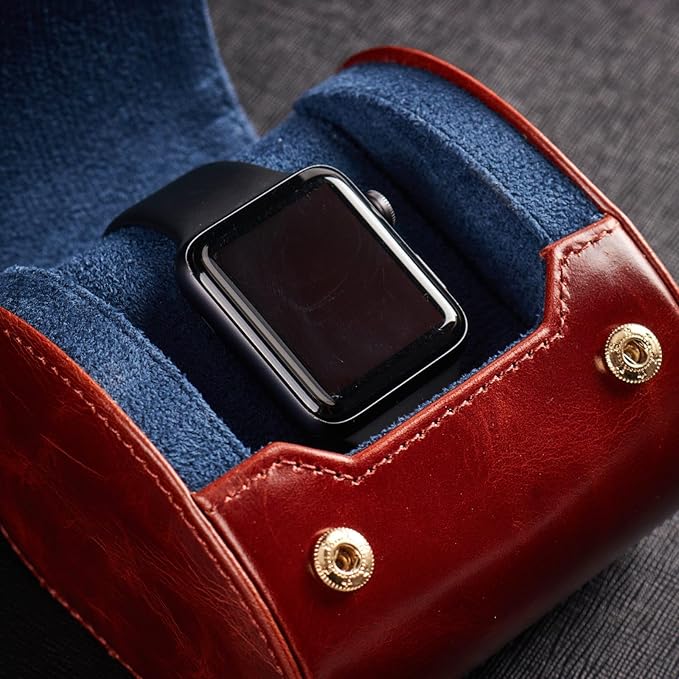 Genuine Napa Leather Watch Roll Travel Case - Travel Watch Rolls and Leather Watch Display Cases with Velvet Interior - Watch Storage Organizer Men's By CALIBERWATCH (Brown - Single)