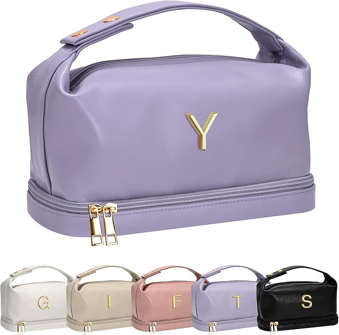 Birthday Gifts, Initial Makeup Bag, Waterproof Double Layer Cosmetic Bag, Large Capacity PU Leather Makeup Bags Letter Travel Toiletry Bag with Makeup Brush Organizer