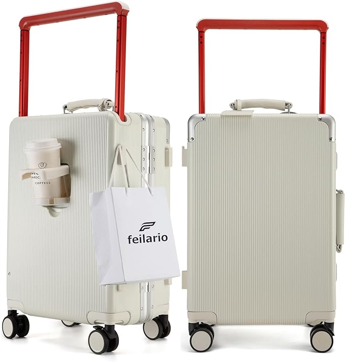 feilario 20'' Aluminum Frame Wide Handle PC Hardside Carry On Luggage - Double Spinner Wheels Luxury Rolling Travel Suitcase with TSA Lock & Cup Holder