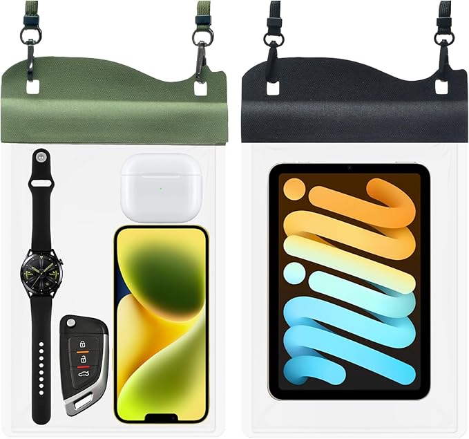 Large Watperproof Pouch 2 Pack [Up to 11.3"], IPX8 Waterproof Cell Phone Case Dry Bag Pouch Compatible with iPhone 14 13 12 Pro Max, Galaxy S23 Ultra S22 or iPad mini, Black+Army Green