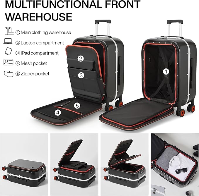 mixi Luggage Suitcase with Spinner Wheels, 24'' Checked Travel Luggage Aluminum Frame PC Hardside with TSA Lock & Cover - Black Hollow Wheel