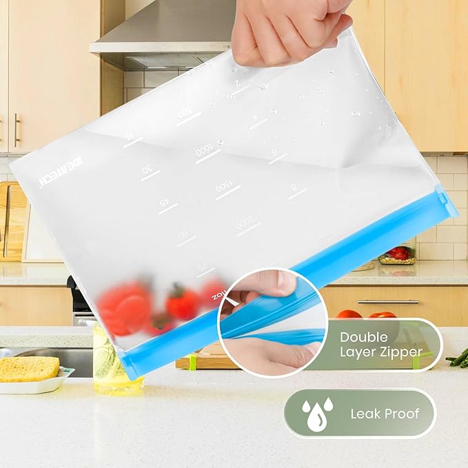 IDEATECH Reusable Bags Dishwasher Safe, BPA Free Reusable Freezer Bags Stand Up, Leakproof Silicone Bags for Food Storage Containers, Salad Fruit,Vegetables,Traval, Home Organization -Gray 6 Gallon