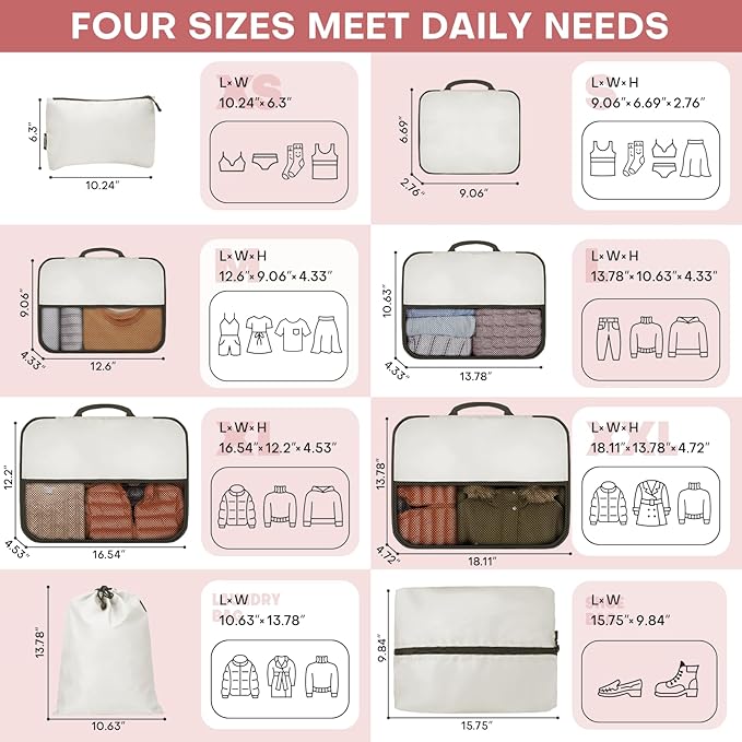 8 PCS Compression Packing Cubes for Travel Women, Compression Bags Organizer for Luggage Space Saving Travel Essentials and Carry on, Luggage Organizer Bags for Suitcase - Beige