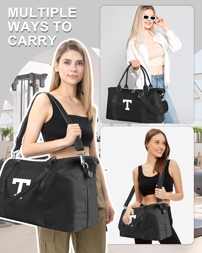 Initial Travel Duffel Bag Sports Gym Bag for Boys Teen Birthday Gifts,Black Personalized Weekender Bag Carry On Tote Bags for Men,Waterproof Overnight Luggage Bag Airplane Travel Essentials(Letter T)