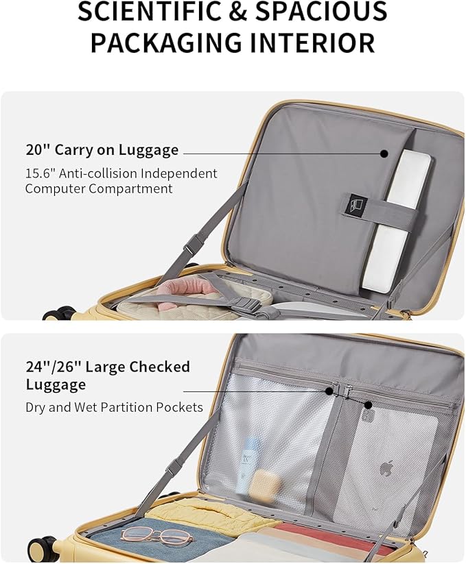 aji Expandable Top Open 24 Inch Checked Luggage with Spinner Wheels, Large Suitcase with TSA Lock, Hardside Travel Luggage Suitcases for Men Women, for 14+Days Travel, Cheese Yellow
