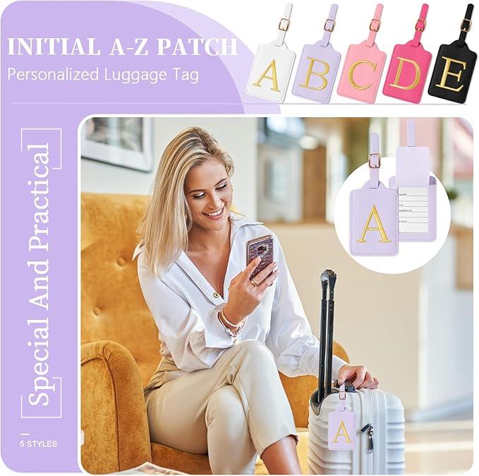 Personalized Initial Luggage Tags for Suitcase, Purple Leather Cute Luggage Tags with Privacy Cover Name Card, Embroidered Custom Monogrammed Luggage Tag Travel Backpack Tags Gifts for Women Kids(A)