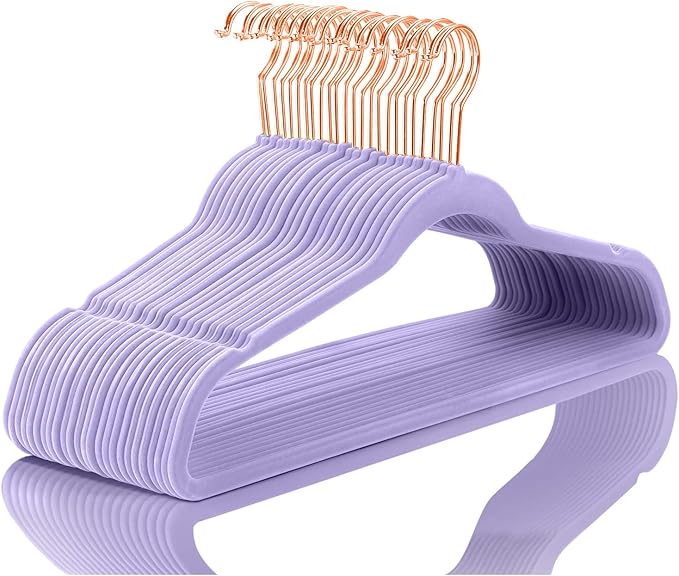 MIZGI Premium Velvet Hangers (50 Pack) Heavy Duty - Non Slip Felt Hangers - Velvet Suit Hanger Light Purple - Rose Gold Hooks,Space Saving Clothes Hanger