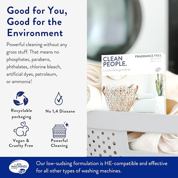 The Clean People Laundry Detergent Sheets - Laundry Soap - Ultra Concentrated, Recyclable Packaging, Stain Fighting - Peppermint, 32 Pack