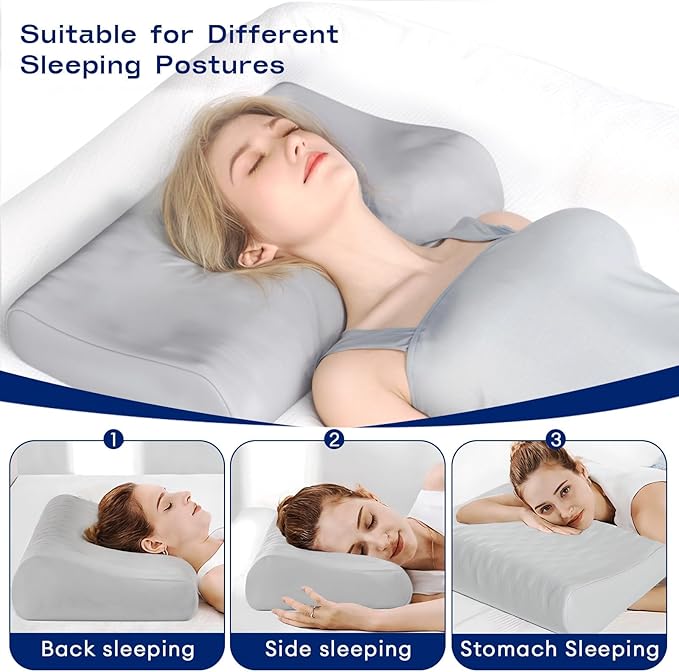 Memory Foam Pillows for Sleeping - Cervical Neck Ergonomic Pillow, Orthopedic Pillow for Neck and Shoulder Pain, Adjustable Cooling Contour Pillow (Grey, Queen)