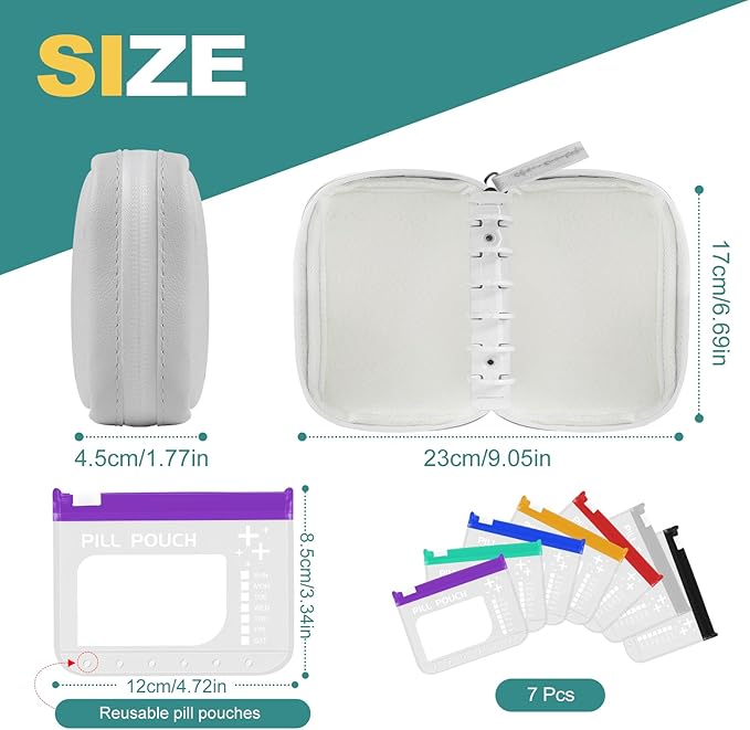 A7-L Water-Proof Pill Pouch Set， Large Pill Organizer, BPA Free, A7-L Pill Loose-Leaf Storage with Color-Coded Medicine Pouches, Reusable Travel Medicine Organizer， Zippered Pill Organizers Weekly