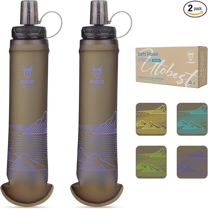 UTOBEST 500ml Soft Flask, 2 Pack Flexible TPU Hydration Water Bottle, Collapsible with 42mm Caliber for Running, Hiking, Cycling, Climbing, and Marathon Purple