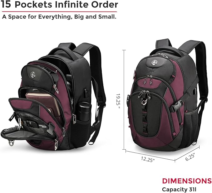 Swissdigital Design Laptop Backpack with USB Charging Port, TSA Travel Backpack Fits 15.6 inches Computer, 31L College School Backpack for Women, Burgundy/Black | SD803